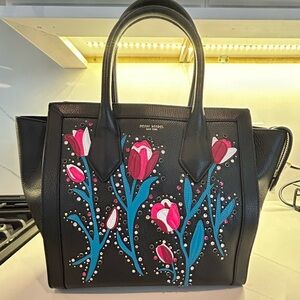 Henri Bendel Black Tote with Pink Floral Design